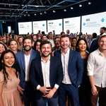**

*   A diverse group of people at an event, looking engaged and happy. Data visualizations and personalized content appear around them, showcasing how AI is tailoring their experience. The scene represents customized event experiences driven by data analysis.

**