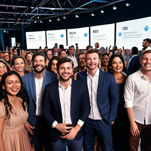 Home 11 **
* A diverse group of people at an event, looking engaged and happy. Data visualizations and personalized content appear around them, showcasing how AI is tailoring their experience. The scene represents customized event experiences driven by data analysis.
**