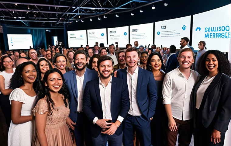 **

*   A diverse group of people at an event, looking engaged and happy. Data visualizations and personalized content appear around them, showcasing how AI is tailoring their experience. The scene represents customized event experiences driven by data analysis.

**