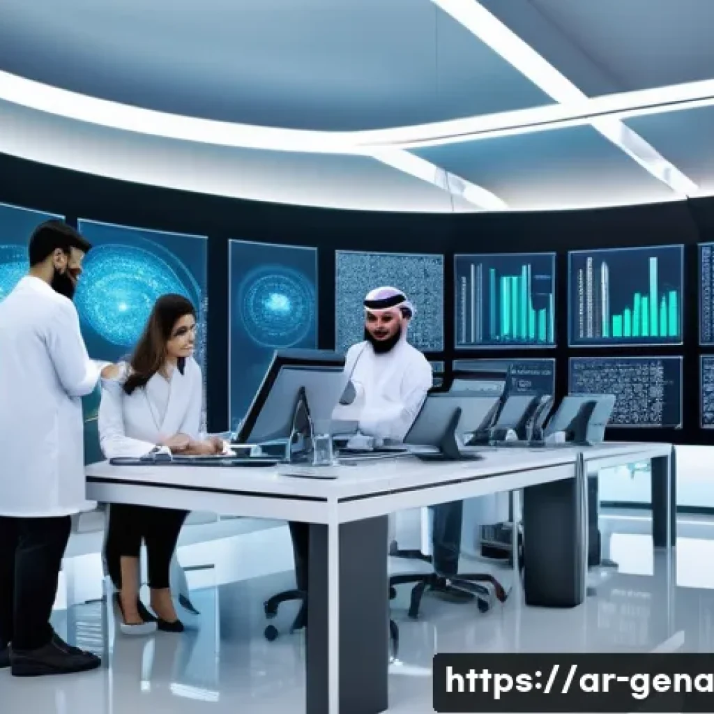 AI 기반 리서치 방법과 활용법 - A sophisticated modern laboratory setting with Arab scientists analyzing massive datasets on multipl...