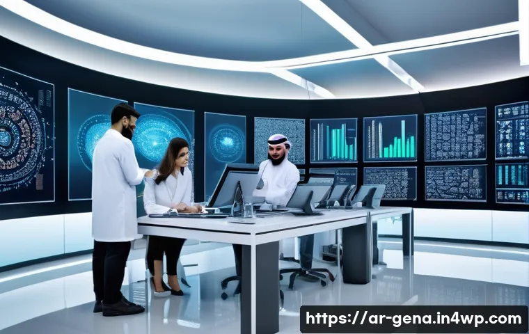 AI 기반 리서치 방법과 활용법 - A sophisticated modern laboratory setting with Arab scientists analyzing massive datasets on multipl...