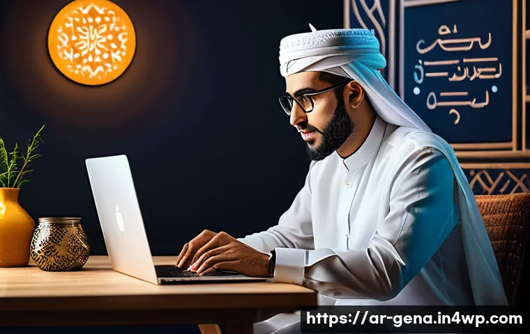 AI 기반 콘텐츠 아이디어 생성 방법 - A professional Arab content creator sitting at a modern desk with a laptop displaying AI trend analy...