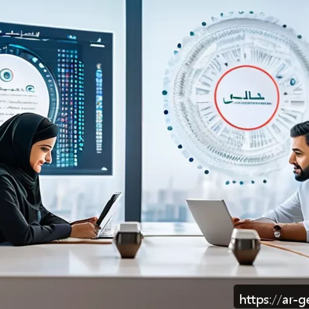 생성형 AI의 광고 캠페인 효과 분석 - A modern Middle Eastern digital marketing office scene showing a diverse team of professionals analy...