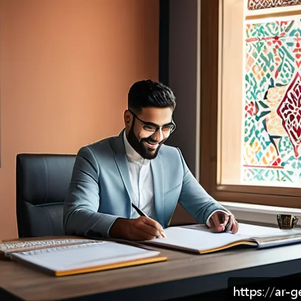 생성형 AI 활용법 프리랜서에게 유용한 팁 - A modern Arabic freelance professional sitting at a sleek desk in a bright home office, using AI-pow...