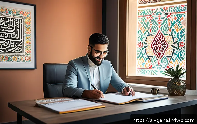생성형 AI 활용법 프리랜서에게 유용한 팁 - A modern Arabic freelance professional sitting at a sleek desk in a bright home office, using AI-pow...