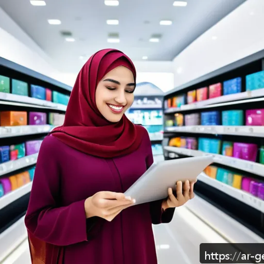 생성형 AI와 소비자 행동 변화에 대한 통찰 - A modern Middle Eastern digital shopping scene inside a sleek, high-tech store with Arabic signage, ...
