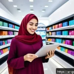 Home 19 생성형 AI와 소비자 행동 변화에 대한 통찰 - A modern Middle Eastern digital shopping scene inside a sleek, high-tech store with Arabic signage, ...