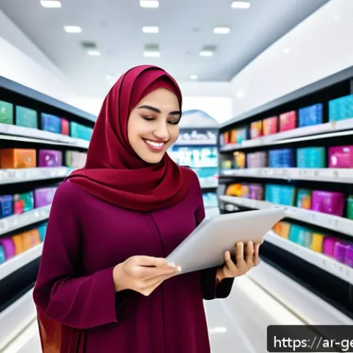 Home 31 생성형 AI와 소비자 행동 변화에 대한 통찰 - A modern Middle Eastern digital shopping scene inside a sleek, high-tech store with Arabic signage, ...