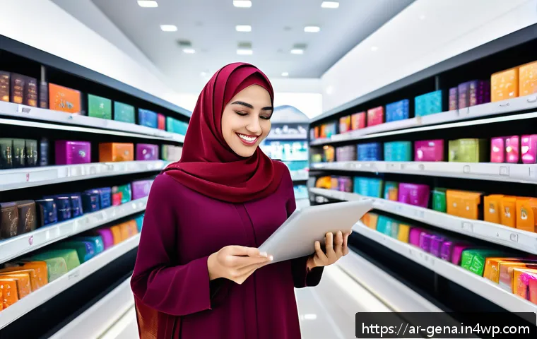 생성형 AI와 소비자 행동 변화에 대한 통찰 - A modern Middle Eastern digital shopping scene inside a sleek, high-tech store with Arabic signage, ...