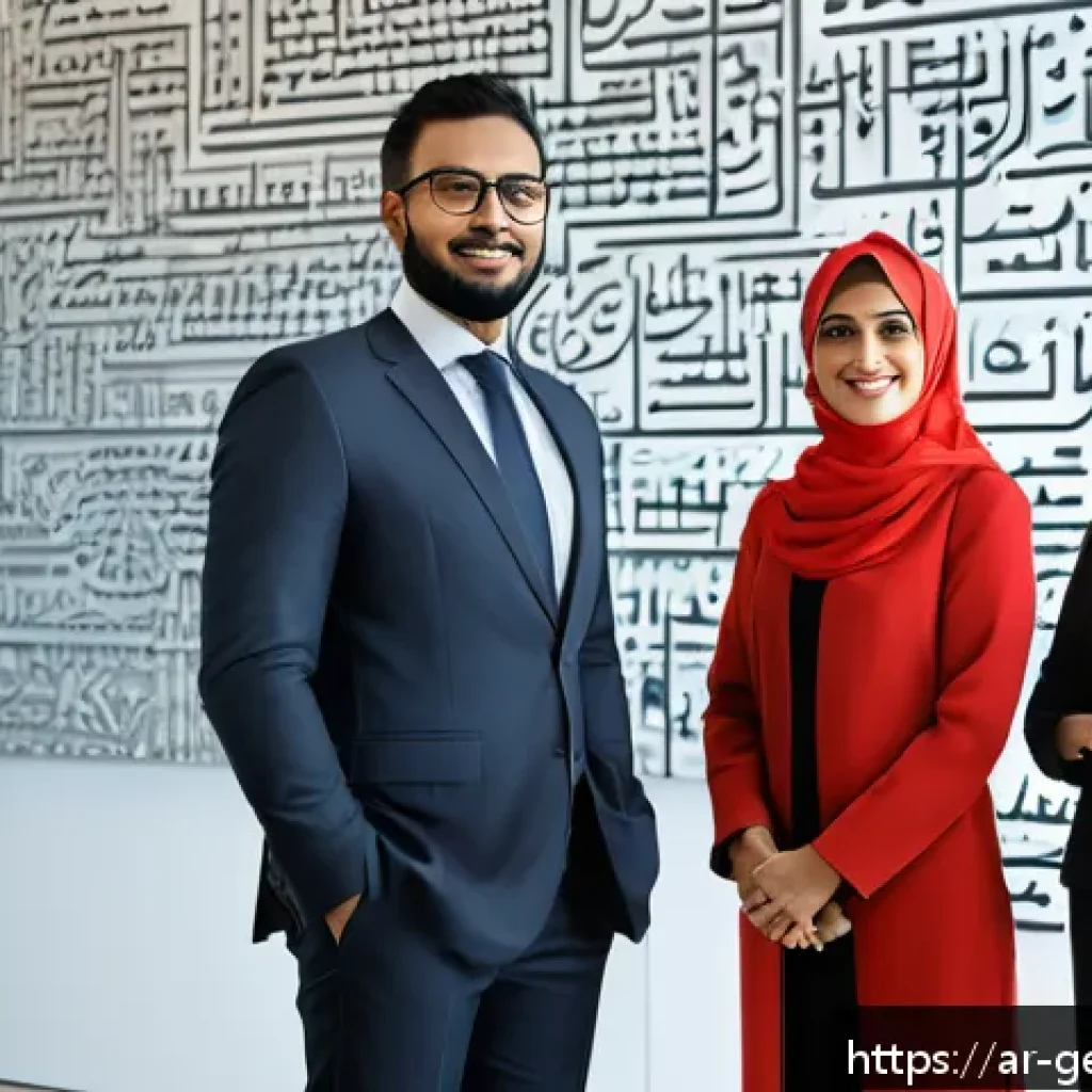생성형 AI로 다양한 언어 지원하기 - A sophisticated digital workspace scene featuring a diverse group of Arabic-speaking professionals c...