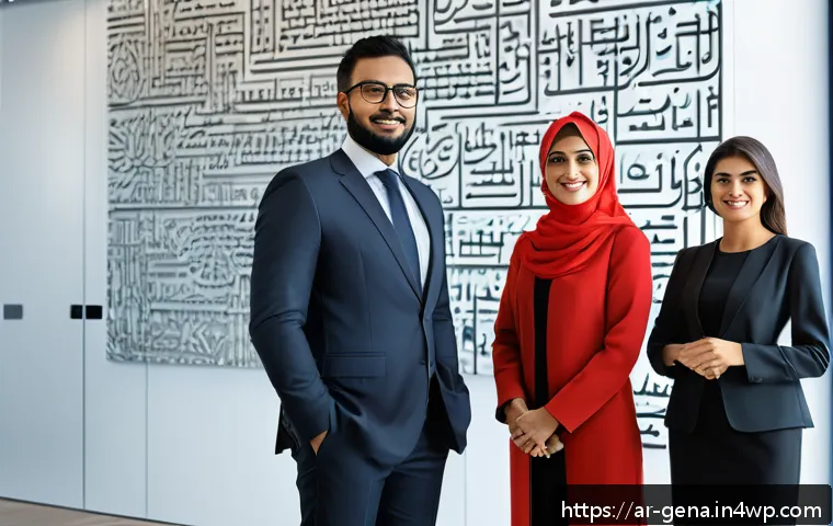 생성형 AI로 다양한 언어 지원하기 - A sophisticated digital workspace scene featuring a diverse group of Arabic-speaking professionals c...