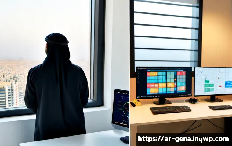 생성형 AI와 인공지능의 차이점 - Photorealistic modern Gulf-region office, split-screen comparison composition: on the left, an Arab ...